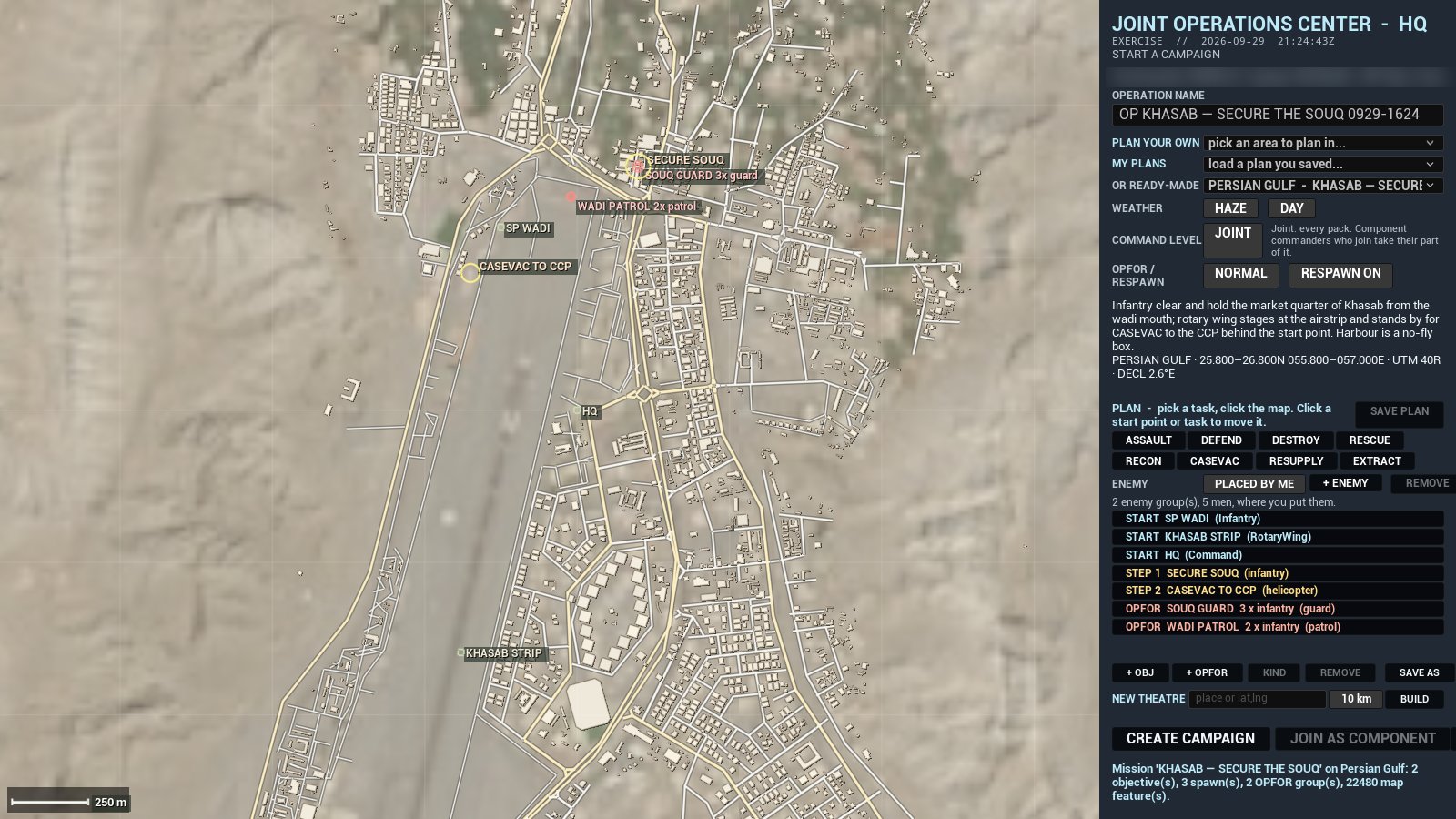 HQ planning screen: an aerial map of Khasab with the start points, objectives and enemy groups marked, and the operation's plan and settings on the right.