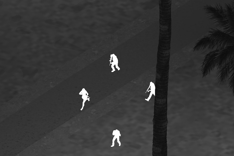 HQ's thermal drone feed following the fireteam: four men, white-hot, crossing a road beside a palm.