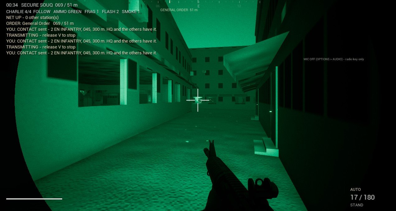 Night vision view down an alley in the Khasab souq, a rifle in the foreground, radio lines on the screen confirming a contact report was sent.