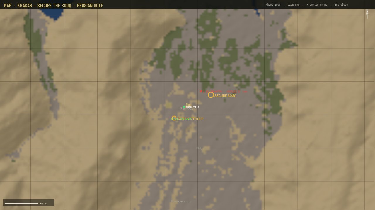 The rifleman's map of Khasab: his position, the objective, and a red contact mark 300 metres north-east from his spoken report.