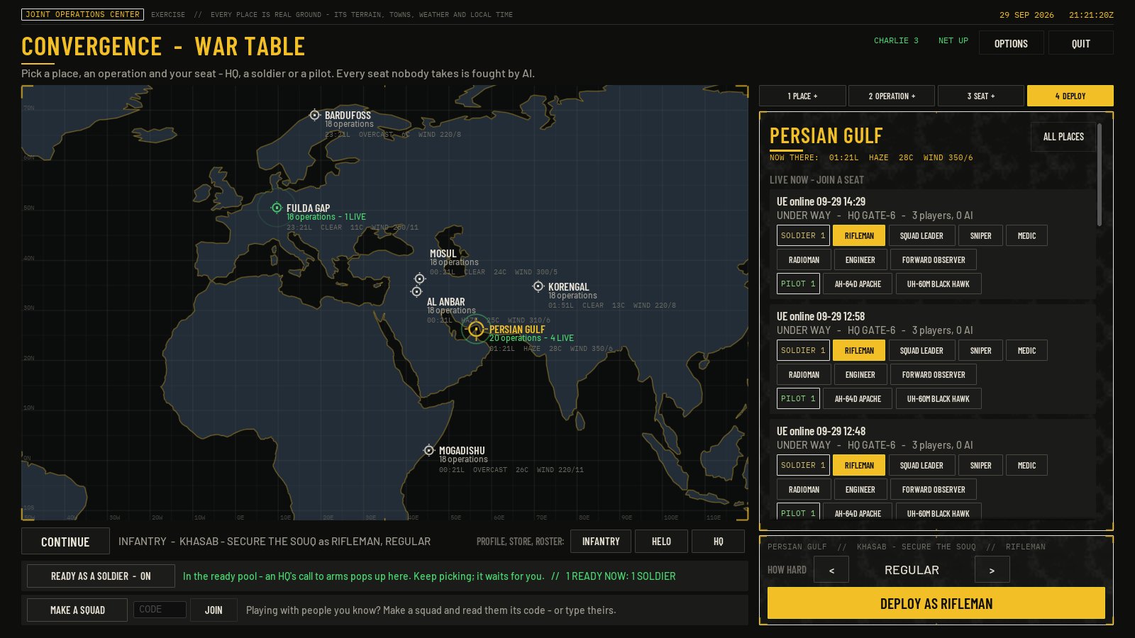 The War Table: a dark world map with seven areas marked, live operations listed on the right with seats to join as soldier or pilot, and a Deploy button.