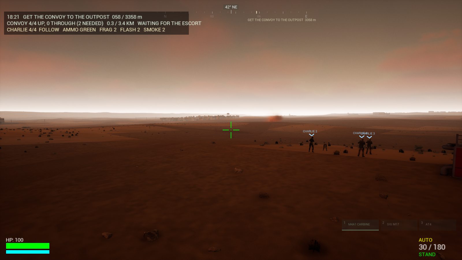 A dim orange desert at twilight with a fireteam standing near a truck and a town on the horizon.