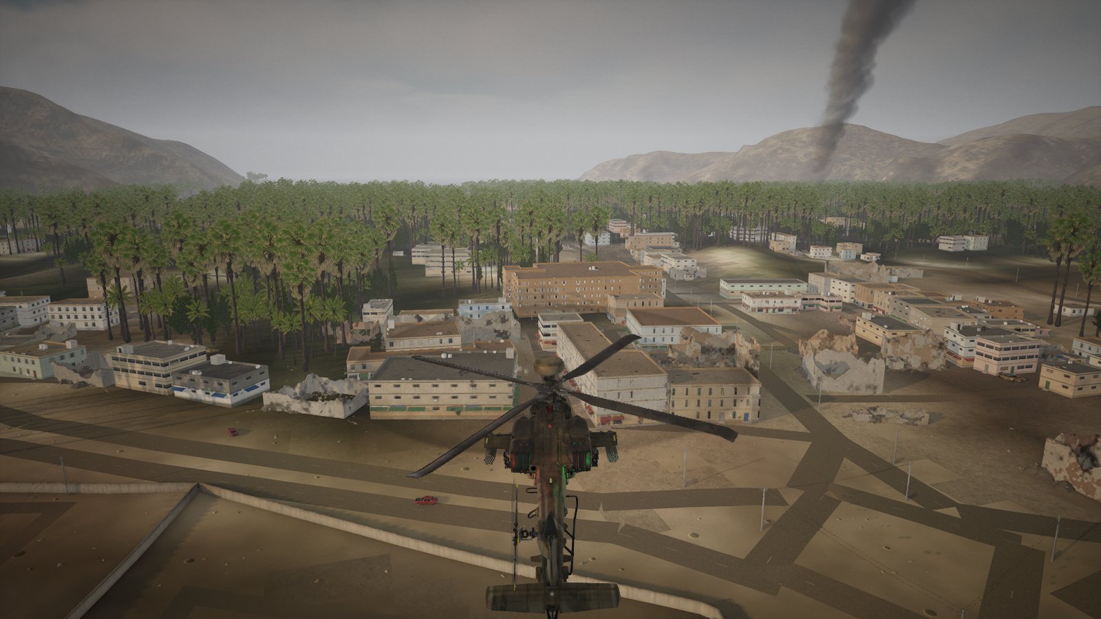 An AH-64 Apache seen from behind and above, flying low over Khasab in the late afternoon, its rotor a soft disc, the town and palm groves ahead.