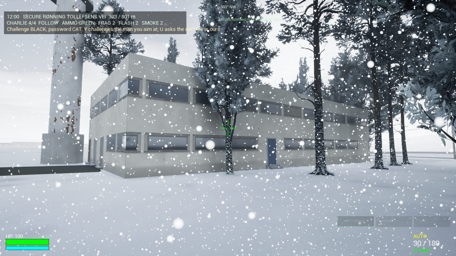 Heavy snowfall around a two-storey building and pine trees under a white sky.
