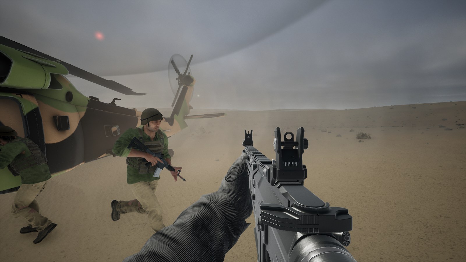 Soldiers jumping down from a Black Hawk's open door onto the sand, rotor dust swirling around them, the rifle in the foreground.