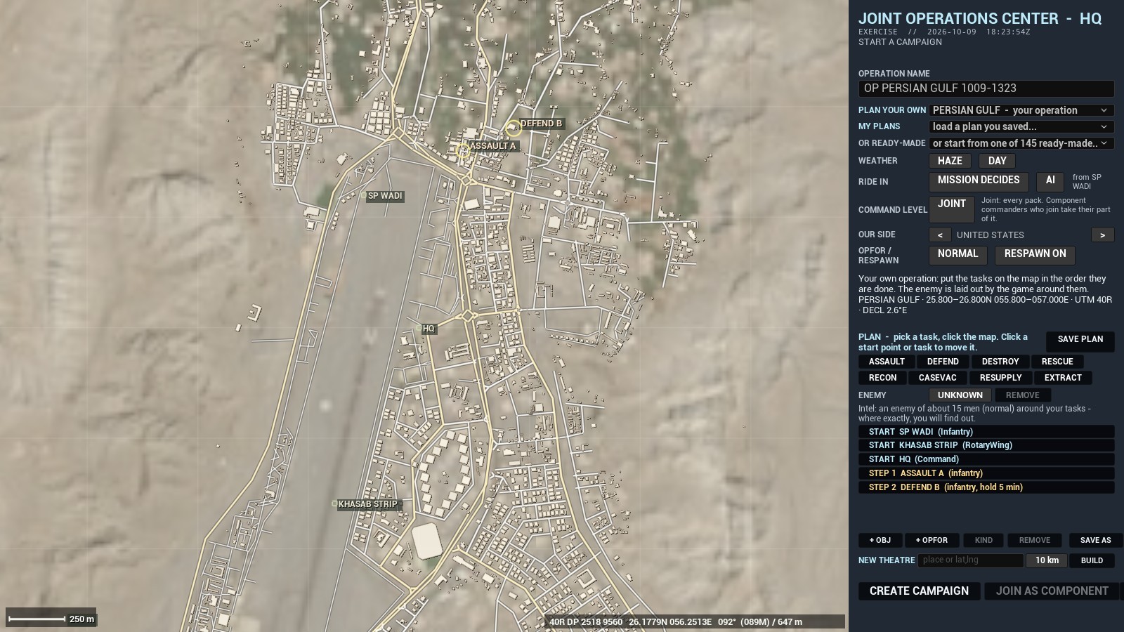 The HQ planning screen: a satellite map of Khasab with the start points and two objectives marked, the operation's settings beside it.