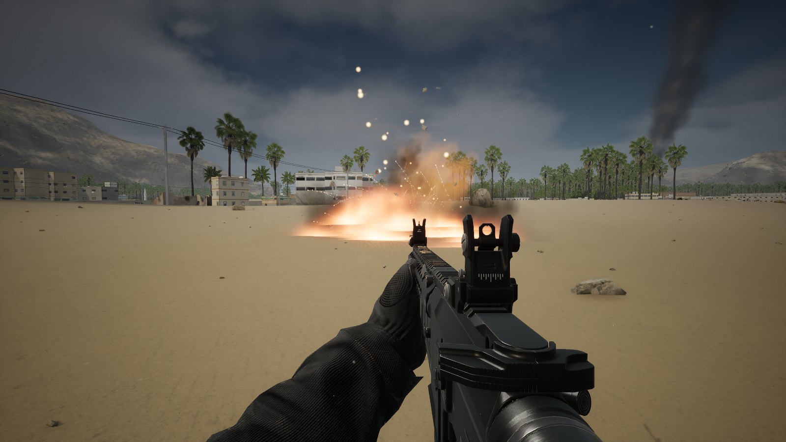 A grenade going off at the foot of a low block wall: a fireball, sparks thrown high, the rifle in the foreground.