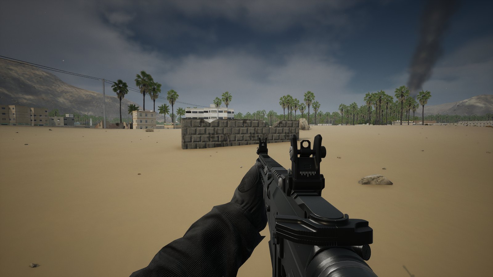 A first-person view at noon: gloved hands holding an M4 carbine at the ready, its flip-up iron sights up, a low block wall and palm groves ahead on the sand at Khasab.