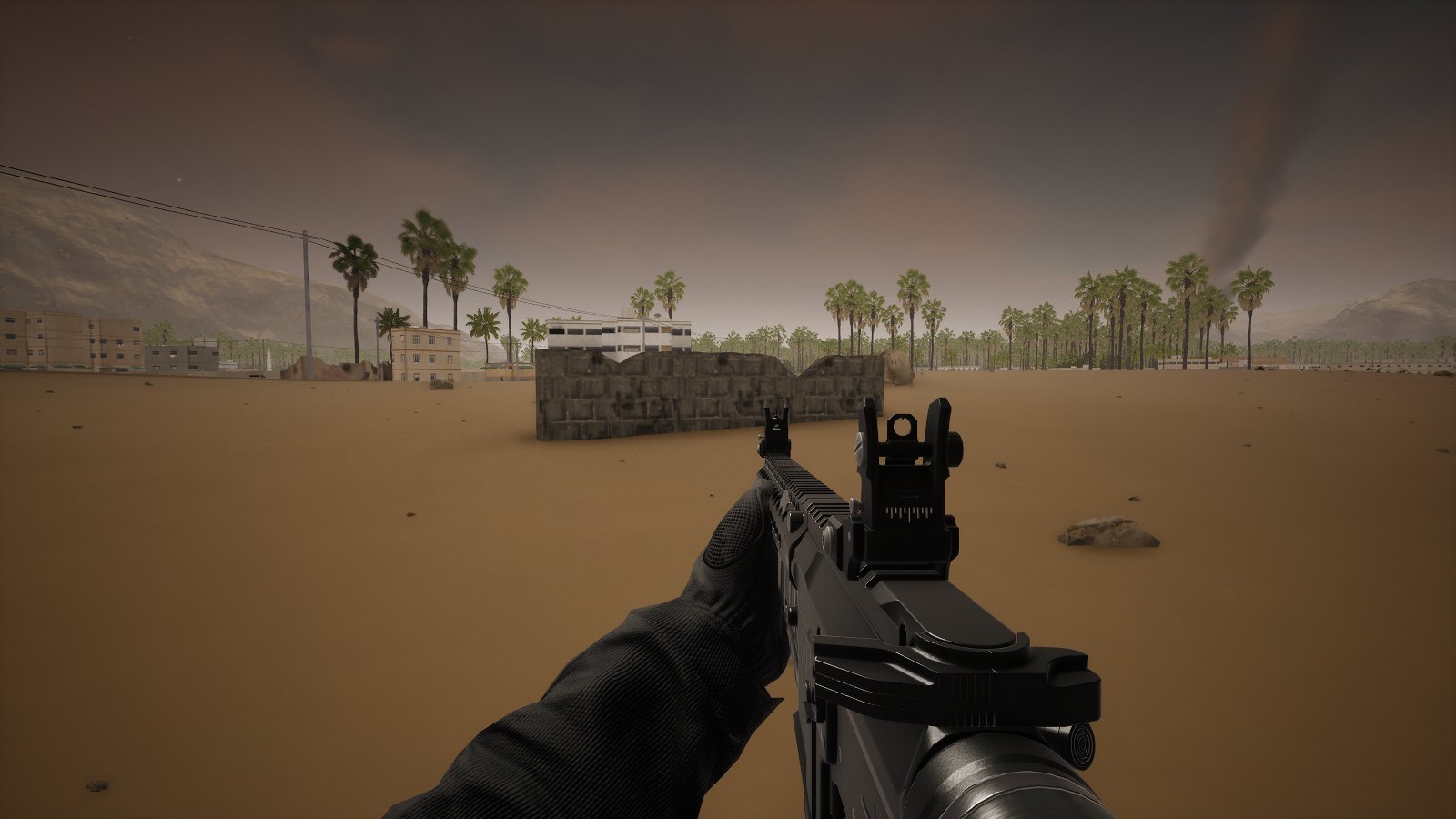 The M4 at the ready in the last light at Khasab: a pink sky, the sand gone brown, a far fire's smoke rising behind the palms.