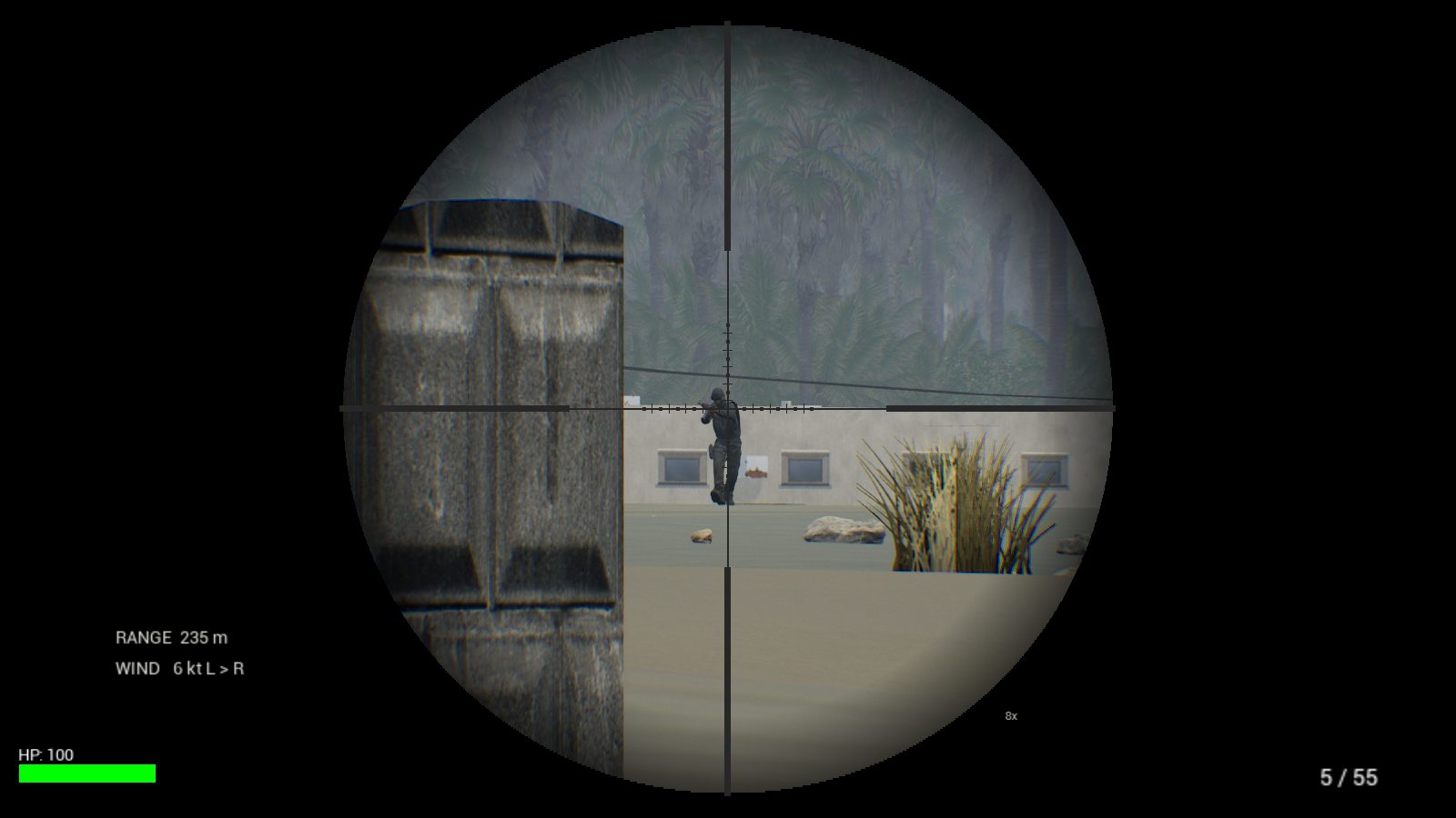 A rifle scope view: mil-dot reticle on a man by a low wall at 235 metres, range and wind readouts beside the glass.