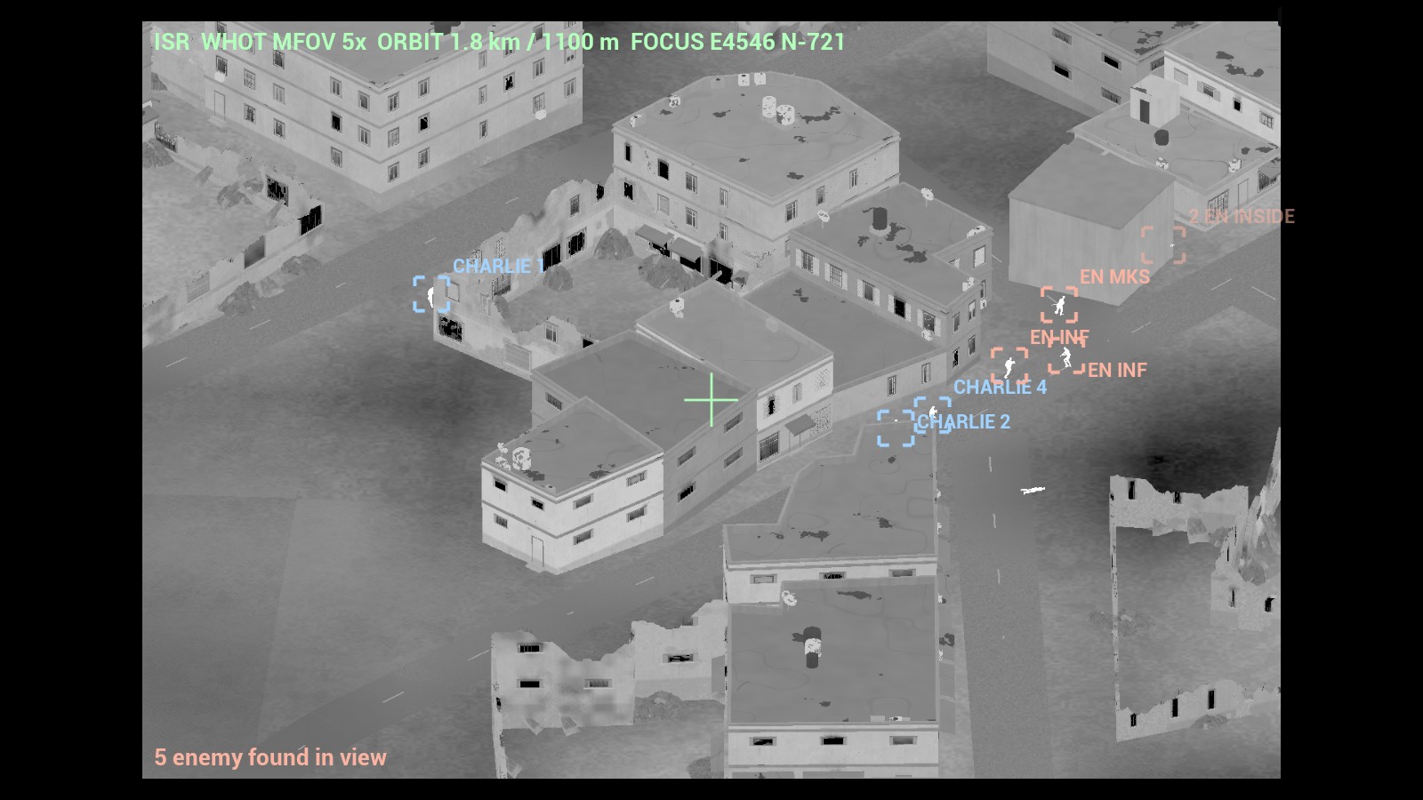 HQ's drone feed in white-hot thermal over the ruined old city of Mosul: the squad marked in blue brackets, five enemy fighters marked in red, a crosshair in the middle and the sensor readout along the top.